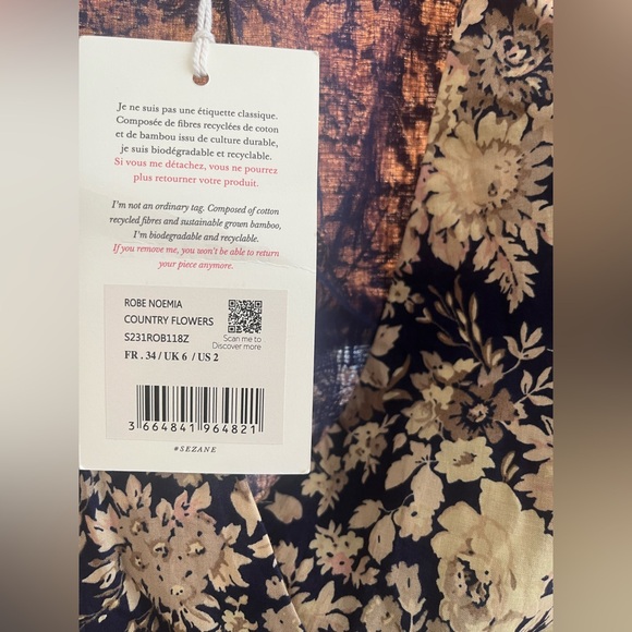 Sezane Country Flowers Dress in Navy and Cream | Size 34 | US Size 2 - Picture 6 of 12